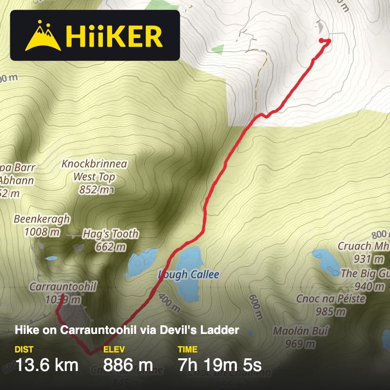 A map preview of the recording Hike on Carrauntoohil via Devil's Ladder.
