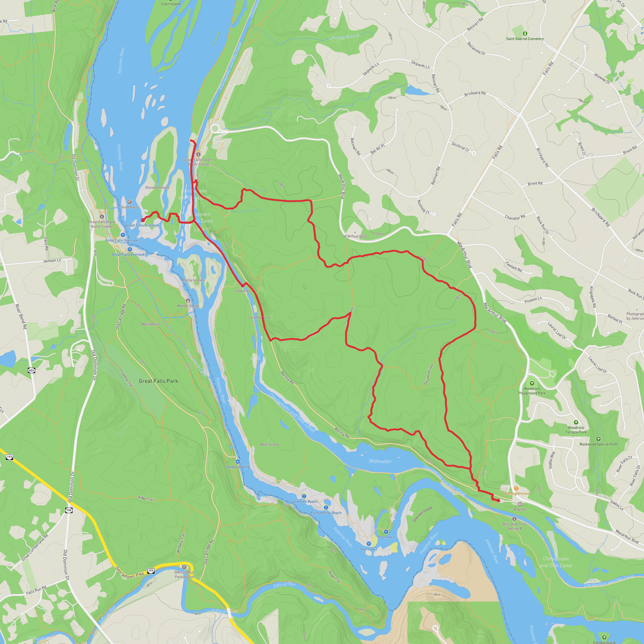 Great Falls Overlook via Gold Mine and Woodland Trail mobile static map
