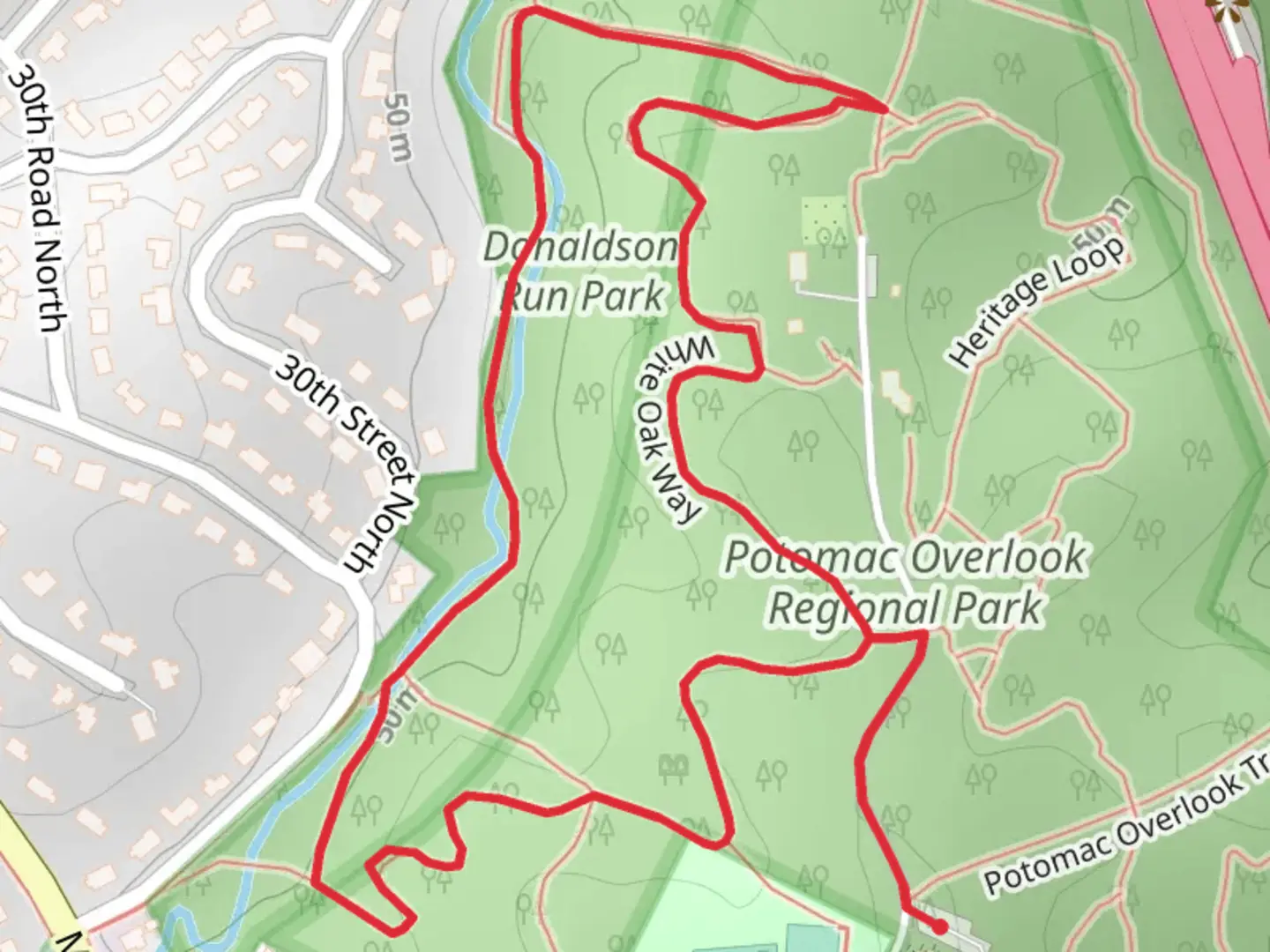 An image depicting the trail White Oak Way Loop and its surrounding area.