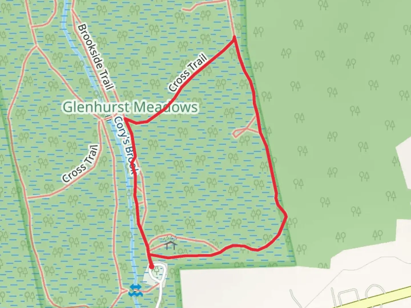An image depicting the trail Cory's Brook Loop and its surrounding area.