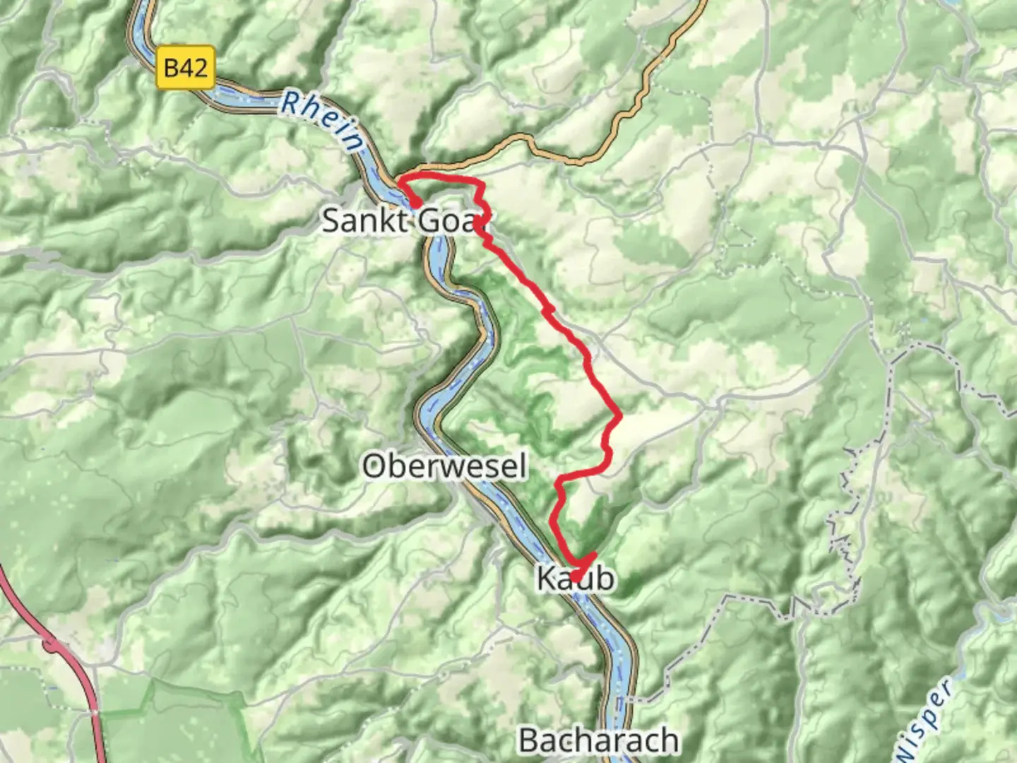 An image depicting the trail Hausen to Kaub via Rhein Camino and its surrounding area.
