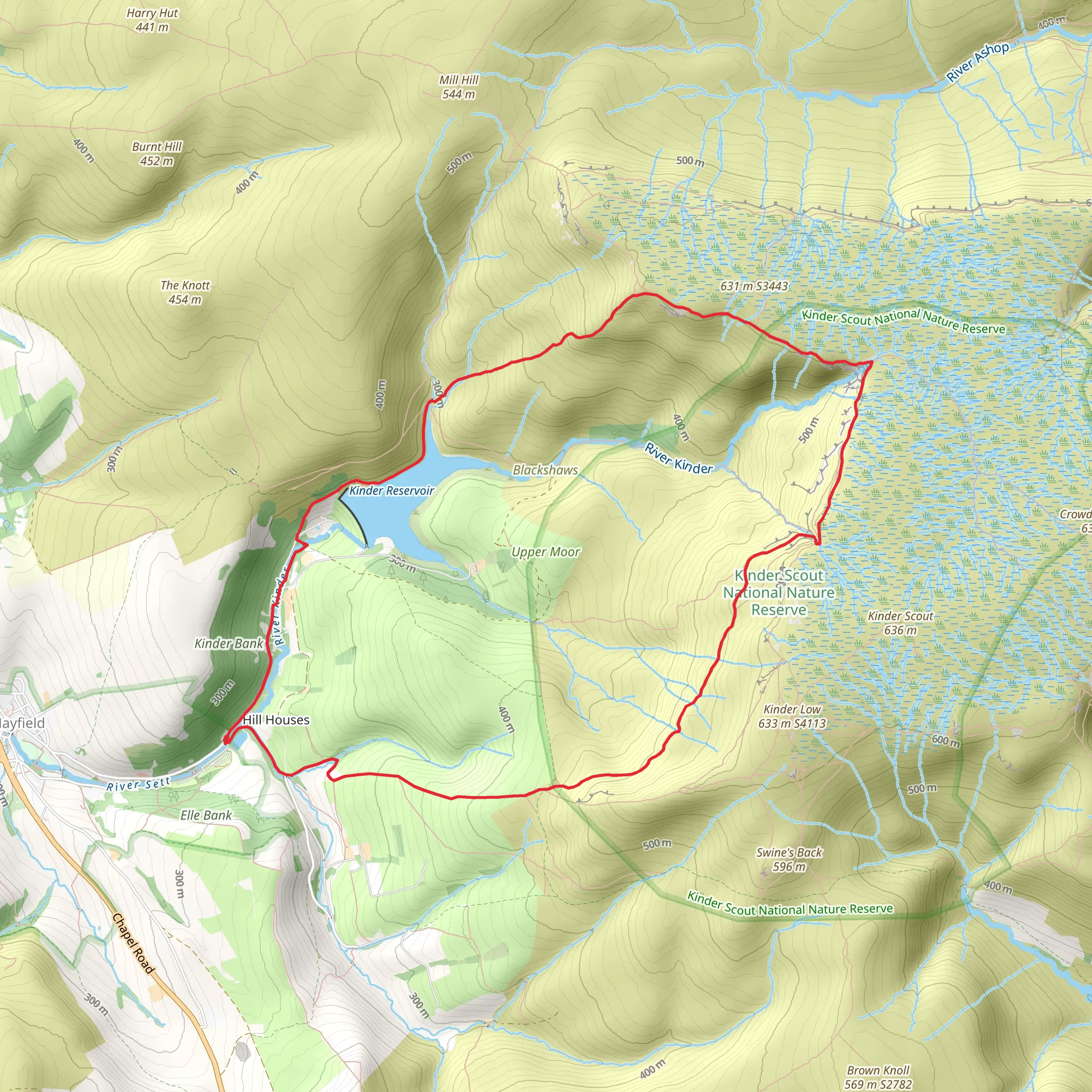 Kinder Reservoir, Kinder Downfall and KInder Low Loop from Hill Houses mobile static map