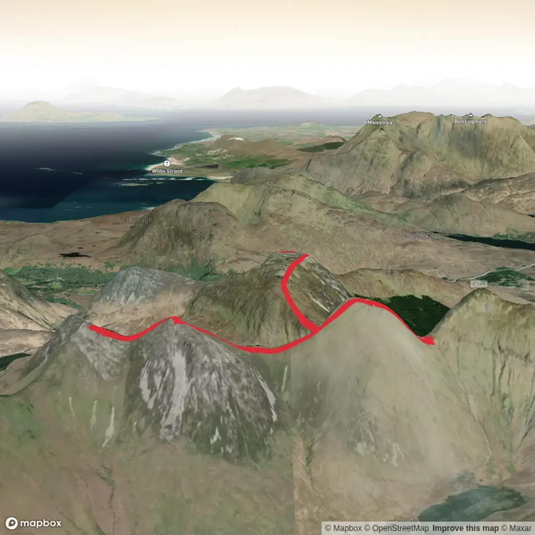 An image depicting the trail Ireland 7 summits - Twelve Bens - advanced plus and its surrounding area.