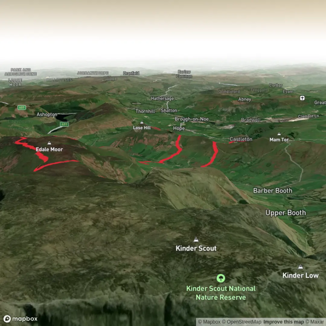 An image depicting the trail Hollins Cross, Madwoman's Stones and Lose Hill Loop and its surrounding area.