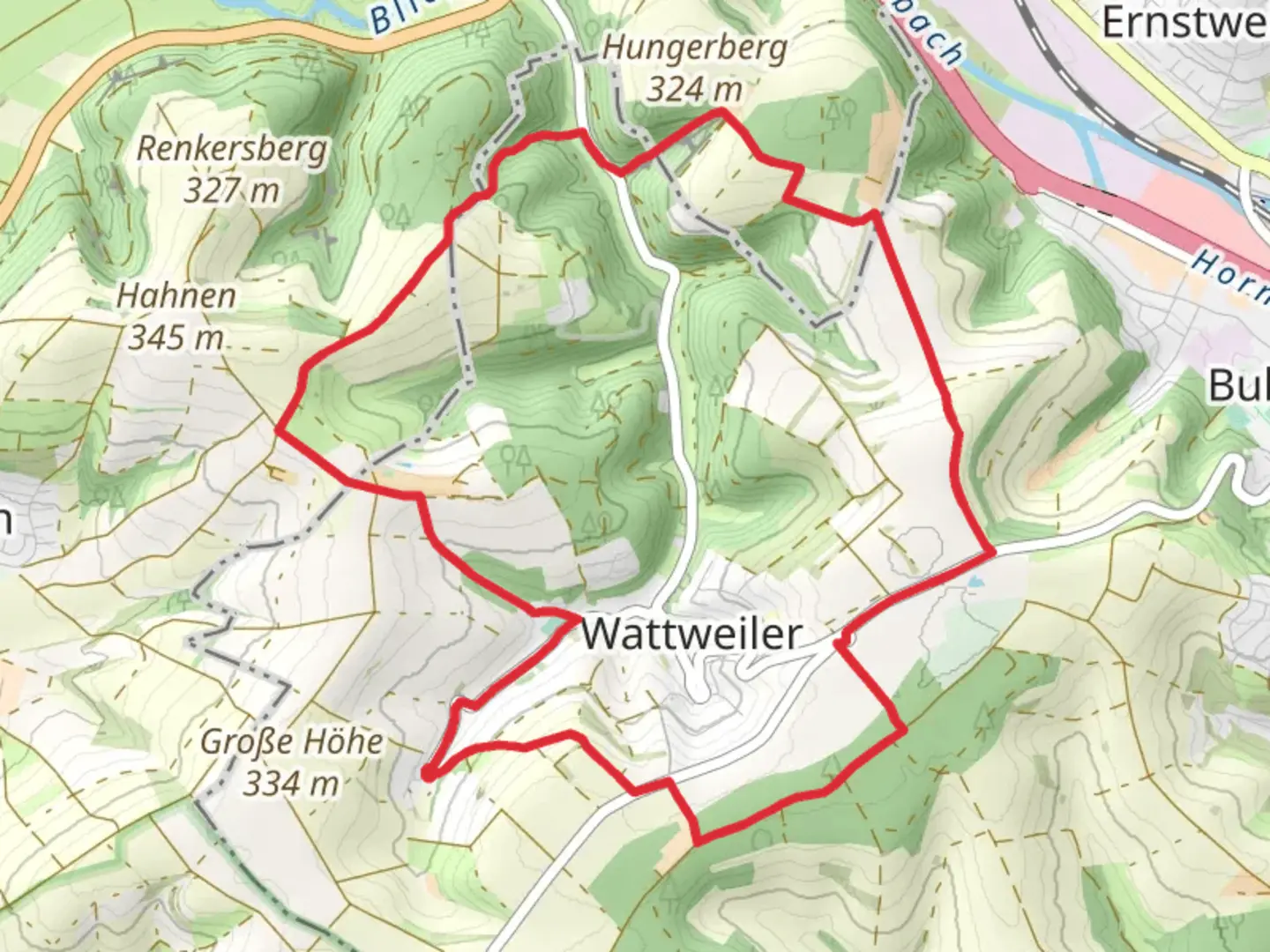 An image depicting the trail Saae Nosel Weg and Rosenhof and its surrounding area.
