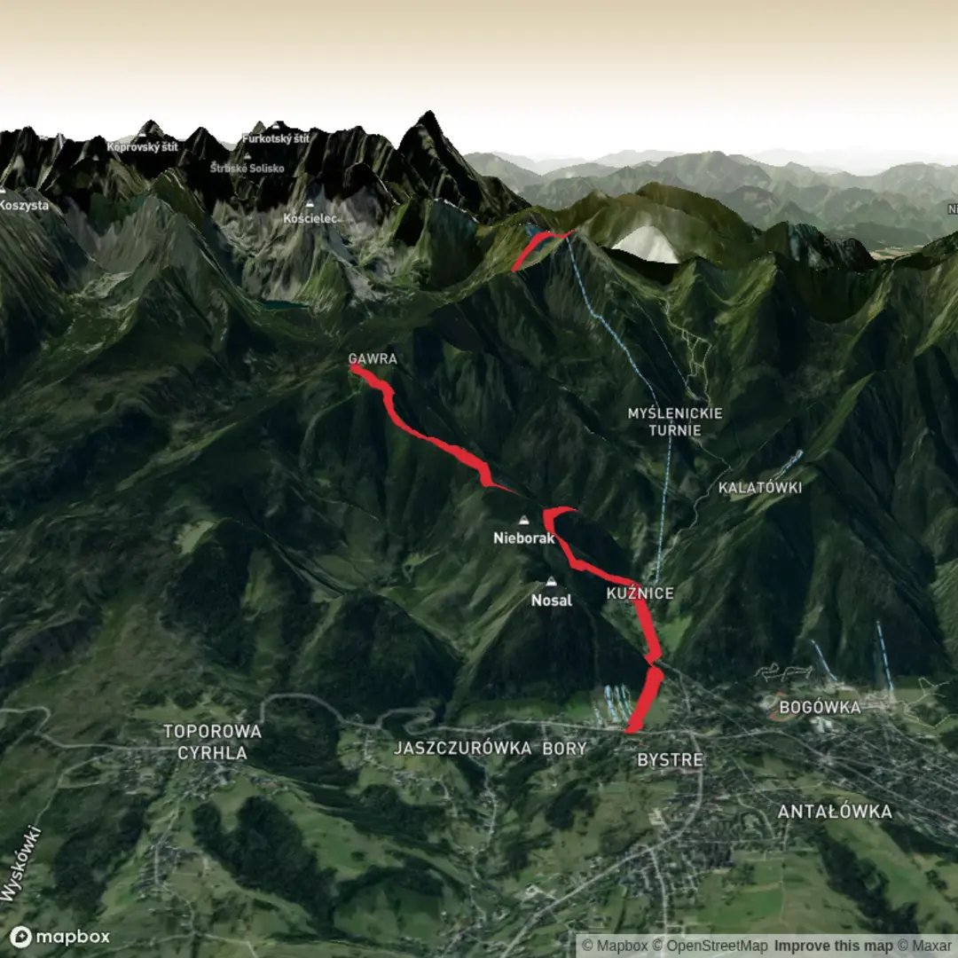 An image depicting the trail Kuznice to Kasprowy Wierch via Boczan and Hala Gosienicowa and its surrounding area.