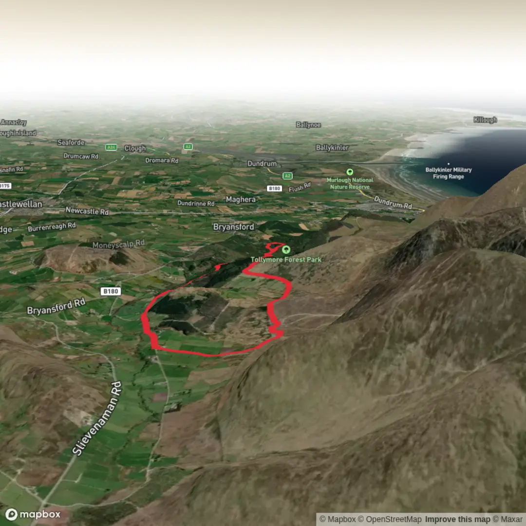 An image depicting the trail Tollymore Forest Park and Stepping Tones Loop and its surrounding area.