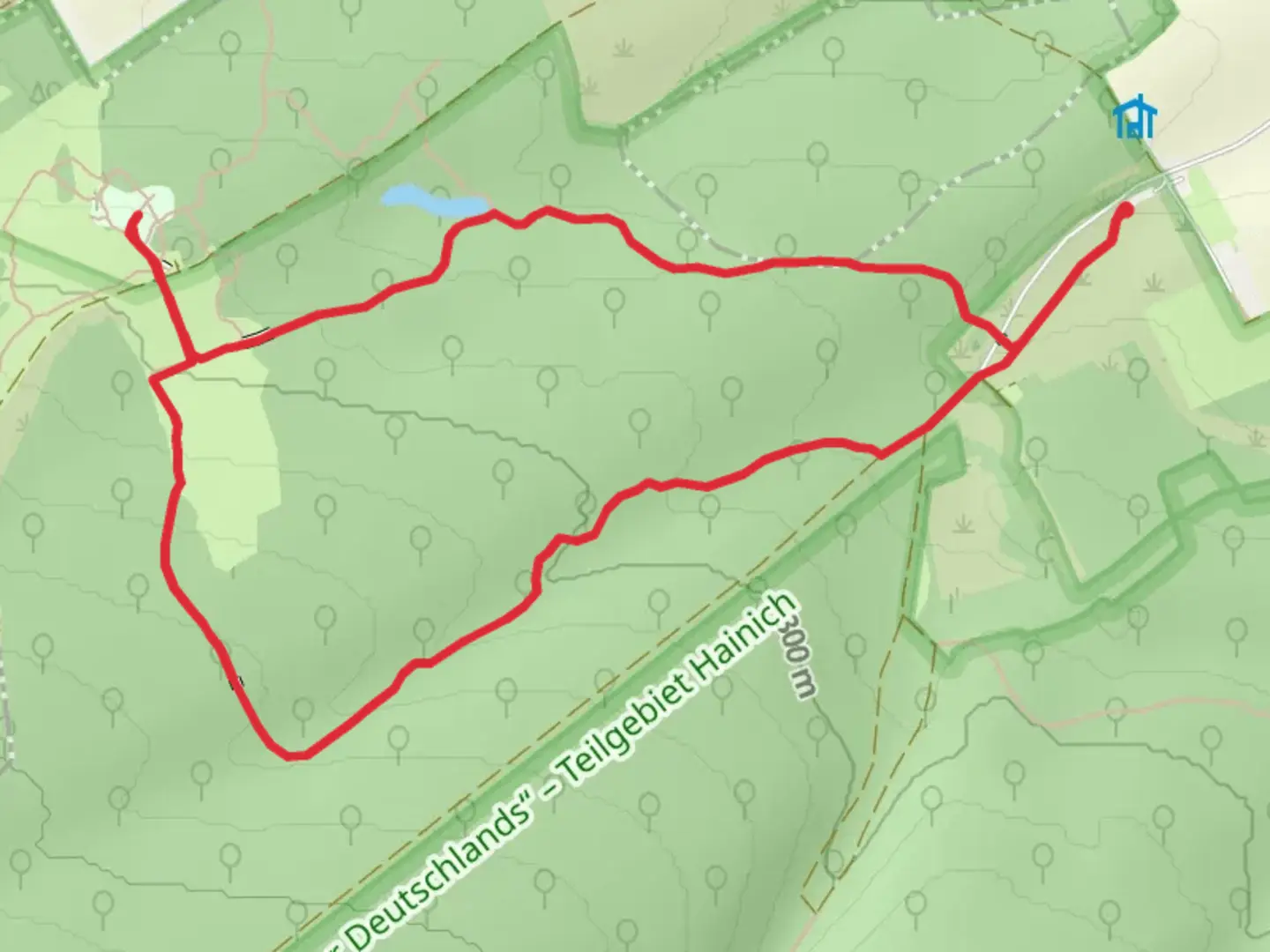 An image depicting the trail Hünenteich via Saugrabenweg and its surrounding area.