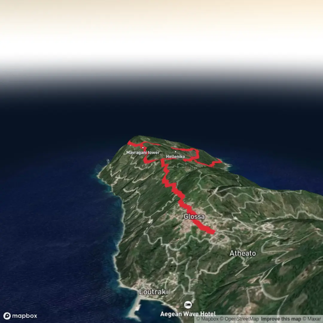 An image depicting the trail Glossa and Gourouni Lighthouse Loop and its surrounding area.