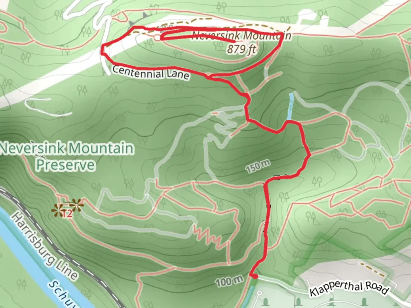 An image depicting the trail Neversink Mountain via Purple and Green Loop Trail and its surrounding area.