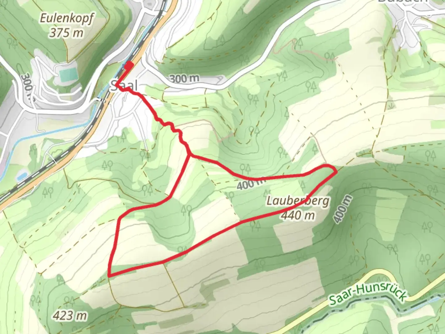 An image depicting the trail Lauberberg via Saar Glan Weg and its surrounding area.
