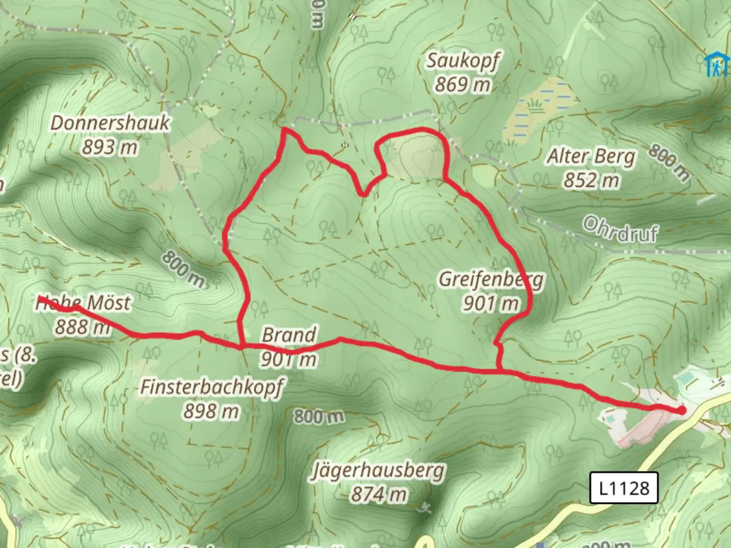 An image depicting the trail Brand and Hohe Möst Loop via Rennsteig and its surrounding area.