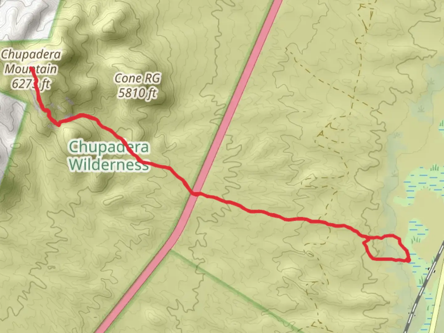 An image depicting the trail Chupadera Mountain via Chupadera Wilderness National Recreation Trail and its surrounding area.
