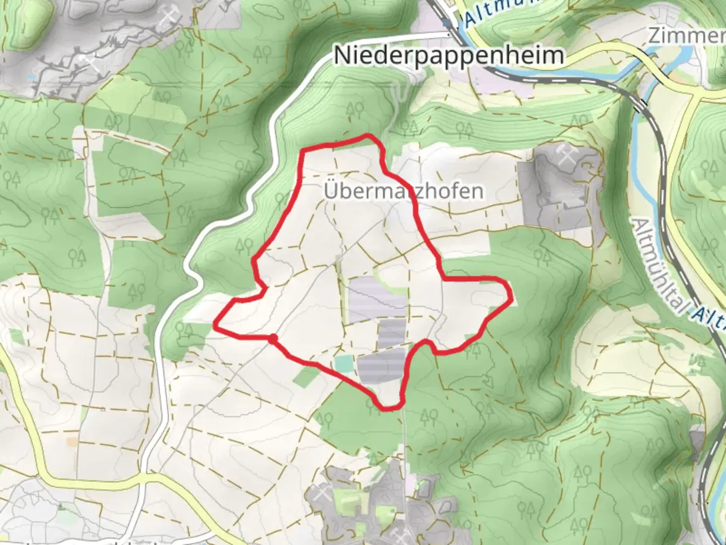 An image depicting the trail Ortswanderweg Pappenheim and its surrounding area.