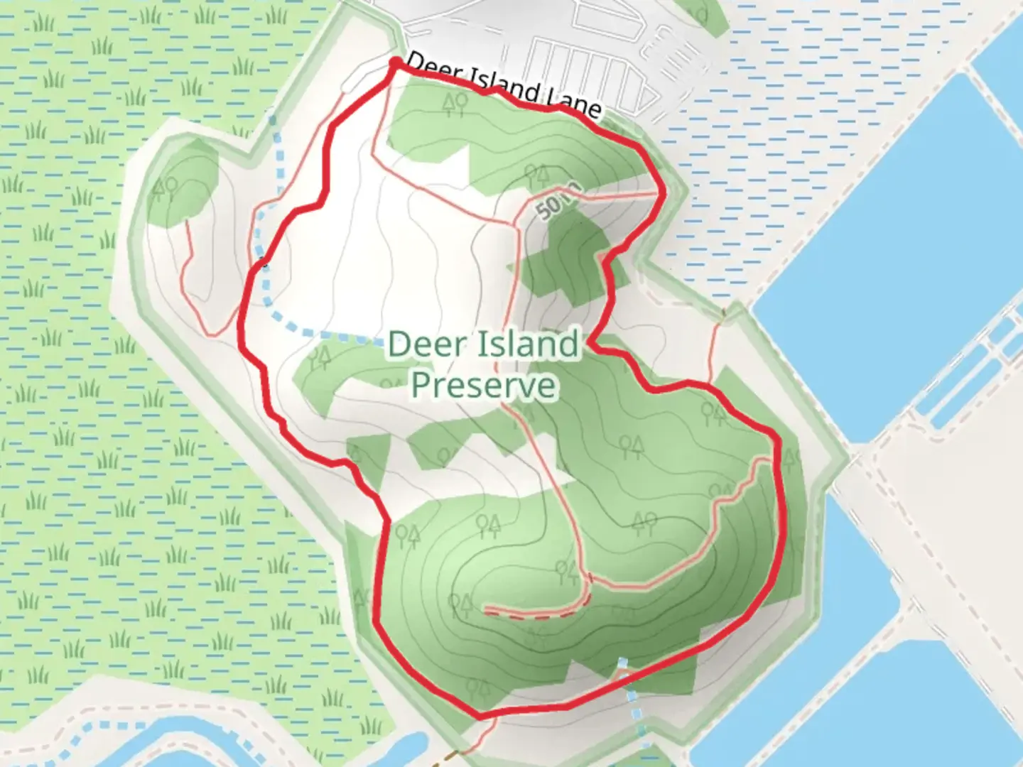 An image depicting the trail Deer Island Open Space Preserve Loop and its surrounding area.