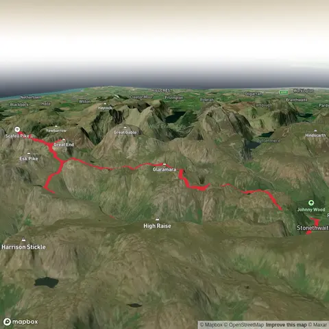 Chapel house farm to Scafell Pike via Langstrath Valley, Angle Tarn, Great End and Bessy Boot Loop