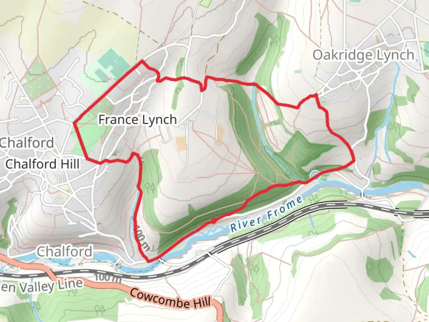 An image depicting the trail Parish and Oldhills Wood and France Lynch Pleasure Ground Loop and its surrounding area.