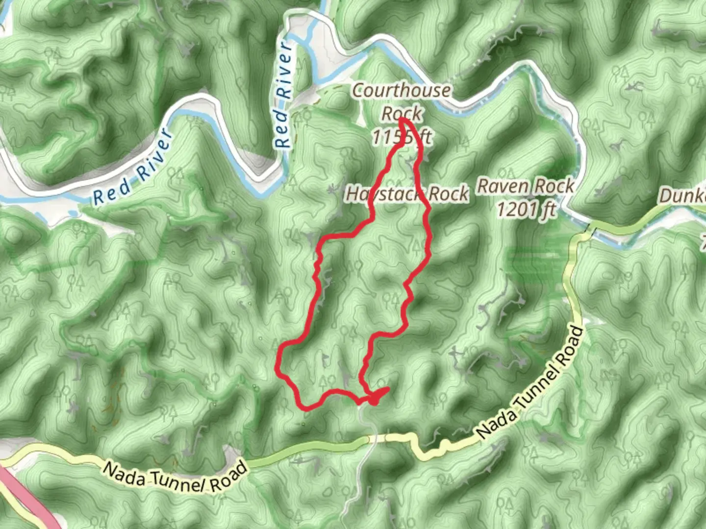 An image depicting the trail Auxier Ridge, Auxier Branch and Double Arch Loop Trail and its surrounding area.