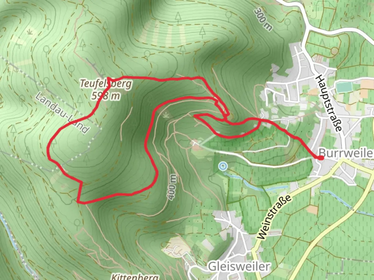 An image depicting the trail Teufelsberg Loop via Kreuzweg Burrweiler and its surrounding area.