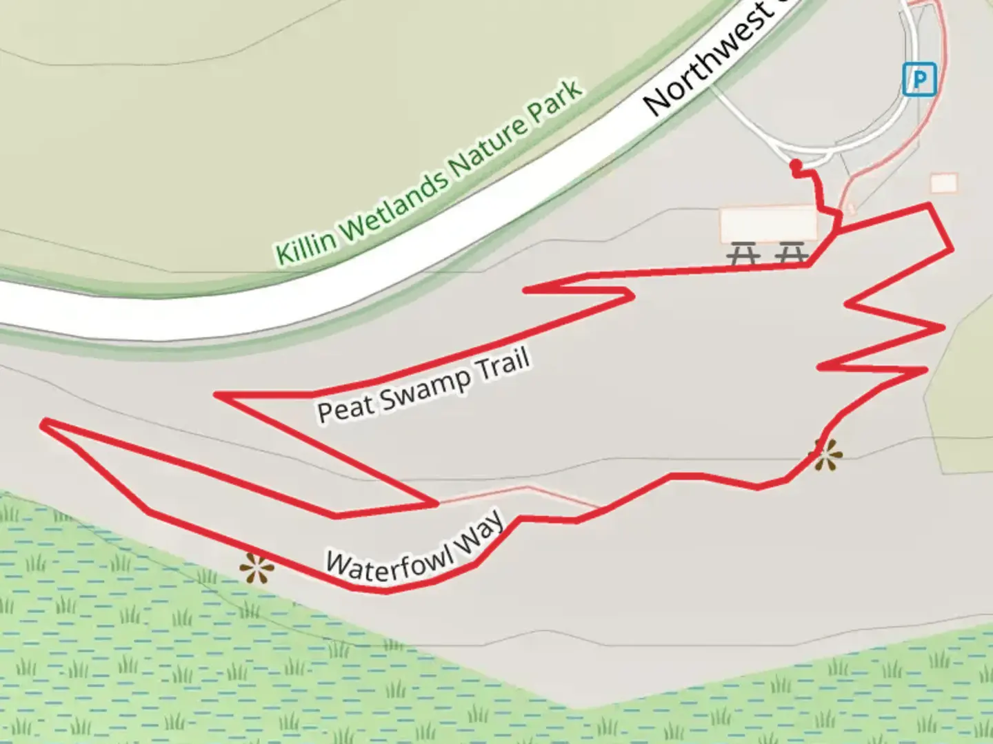 An image depicting the trail Peat Swamp Trail and Waterfowl Way Loop and its surrounding area.