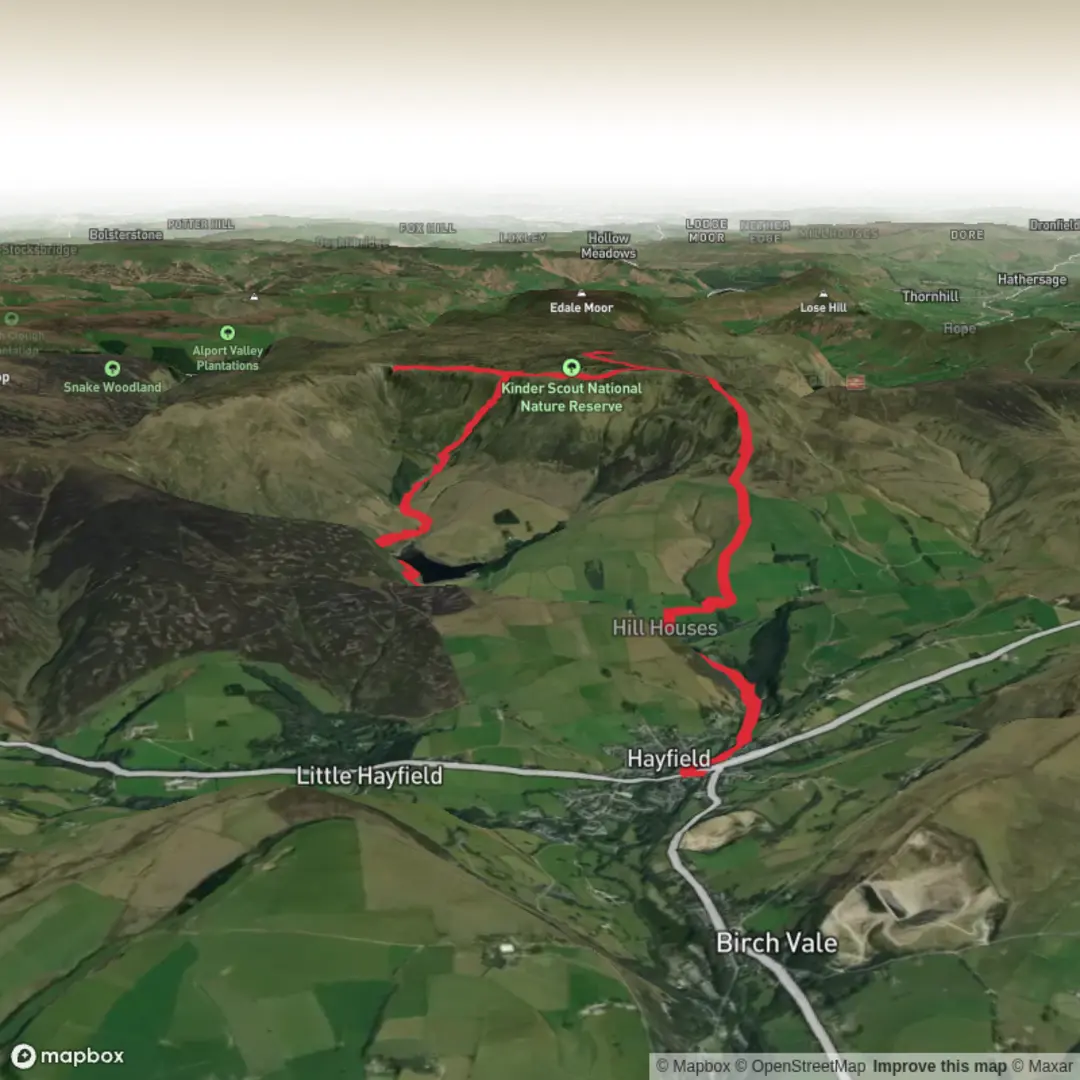 An image depicting the trail Hayfield - Kinder Reservoir - Downfall - Kinder Scout - Kinderlow End - Hayfield and its surrounding area.