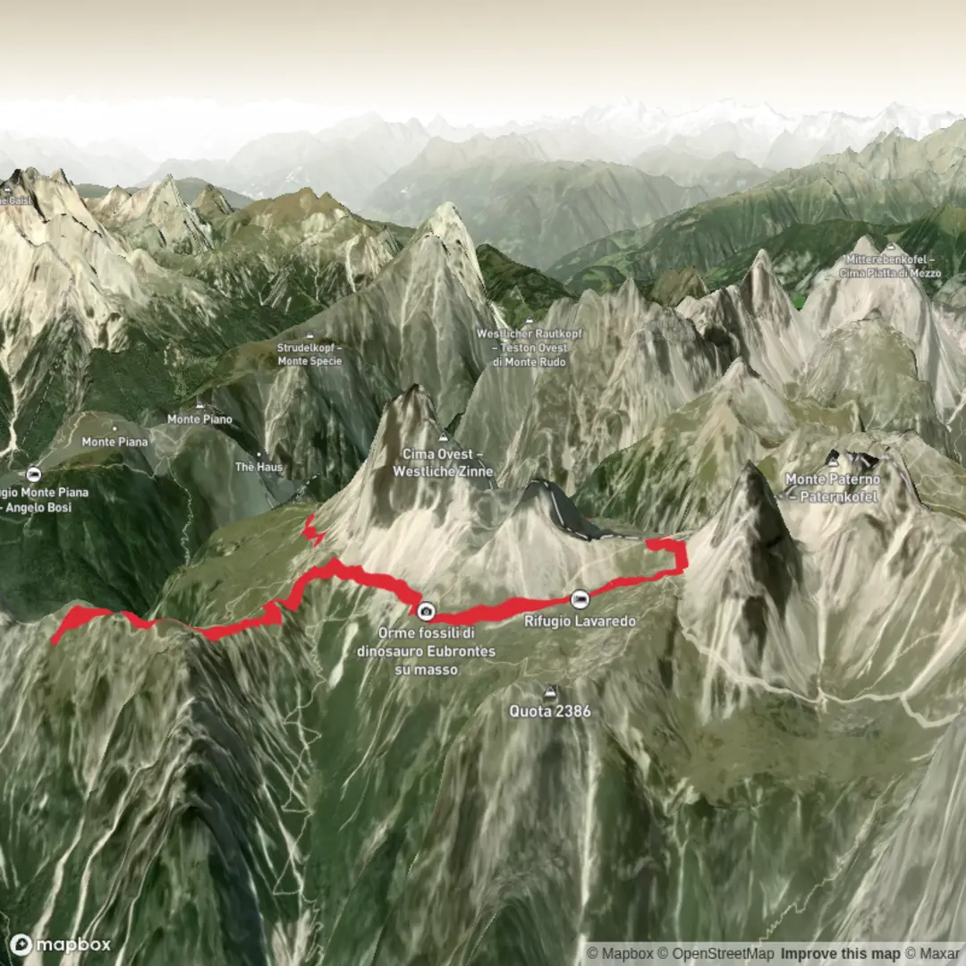 An image depicting the trail Cadini Di Misura and Tre Cime loop from Rifugio Auronzo and its surrounding area.