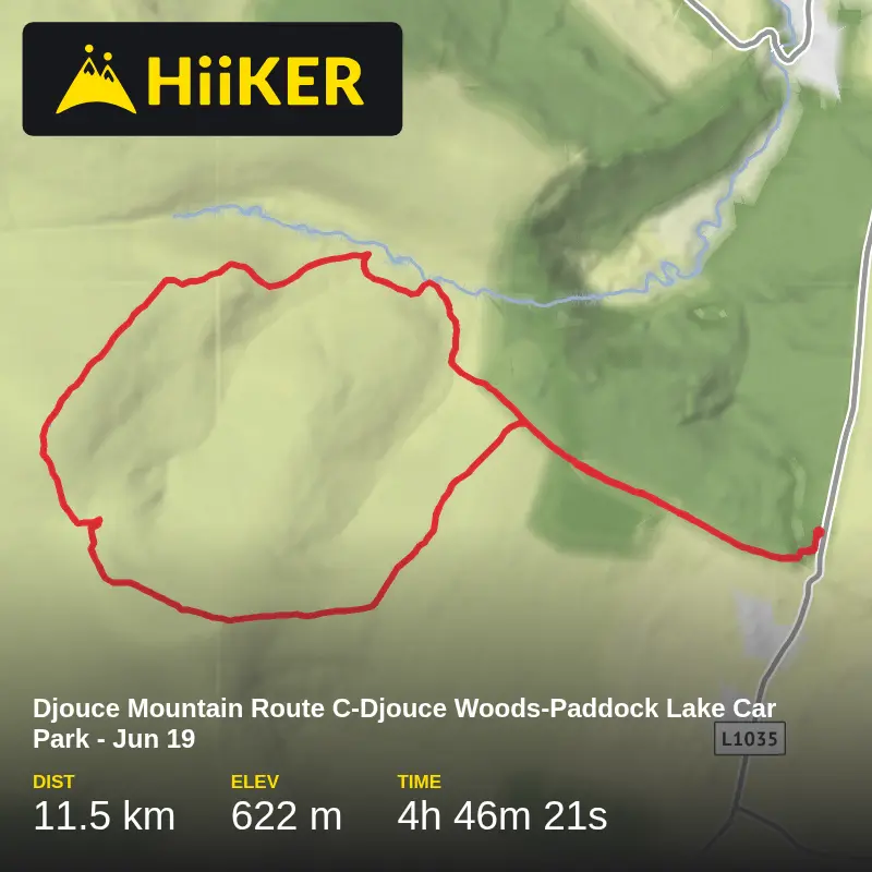 A map preview of the recording Djouce Mountain Route C-Djouce Woods-Paddock Lake Car Park - Jun 19.