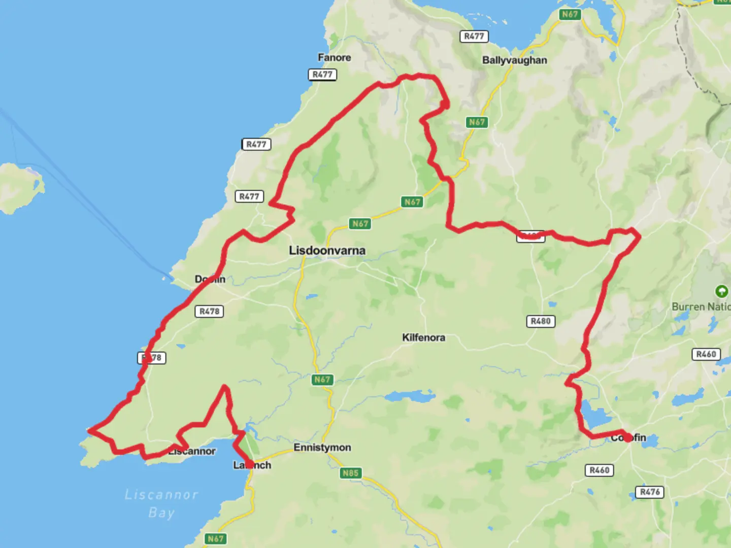 An image depicting the trail Burren_Way_Lahinch_Corofin_1 and its surrounding area.
