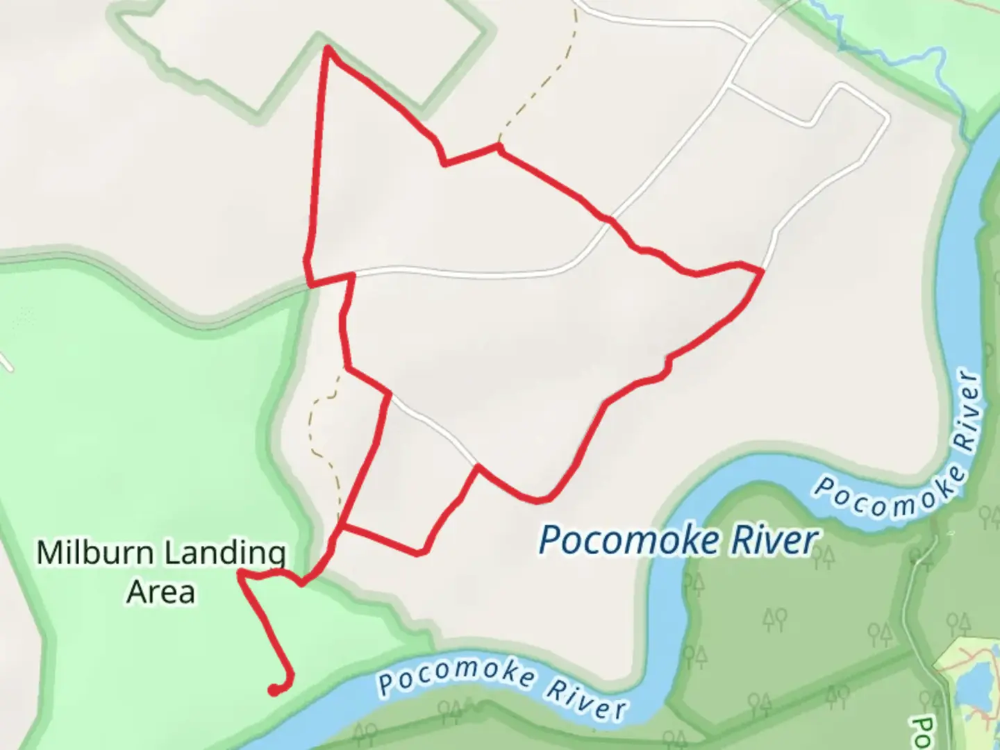 An image depicting the trail Milburn Landing Trail Loop and its surrounding area.