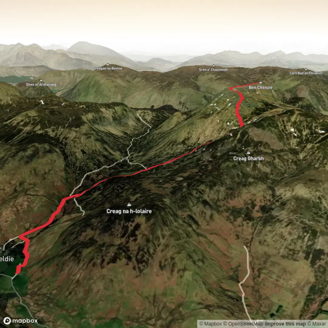 An image depicting the trail Ben Chonzie - Glen Lednock and its surrounding area.