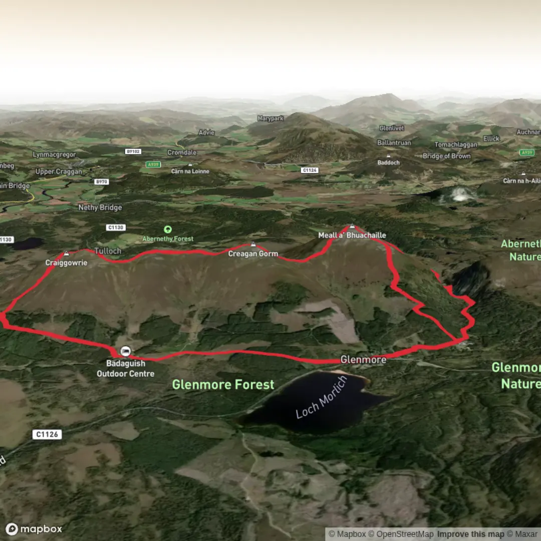 An image depicting the trail Meall a' Bhuachaille, Creagan Gorm and Craiggowrie Loop and its surrounding area.