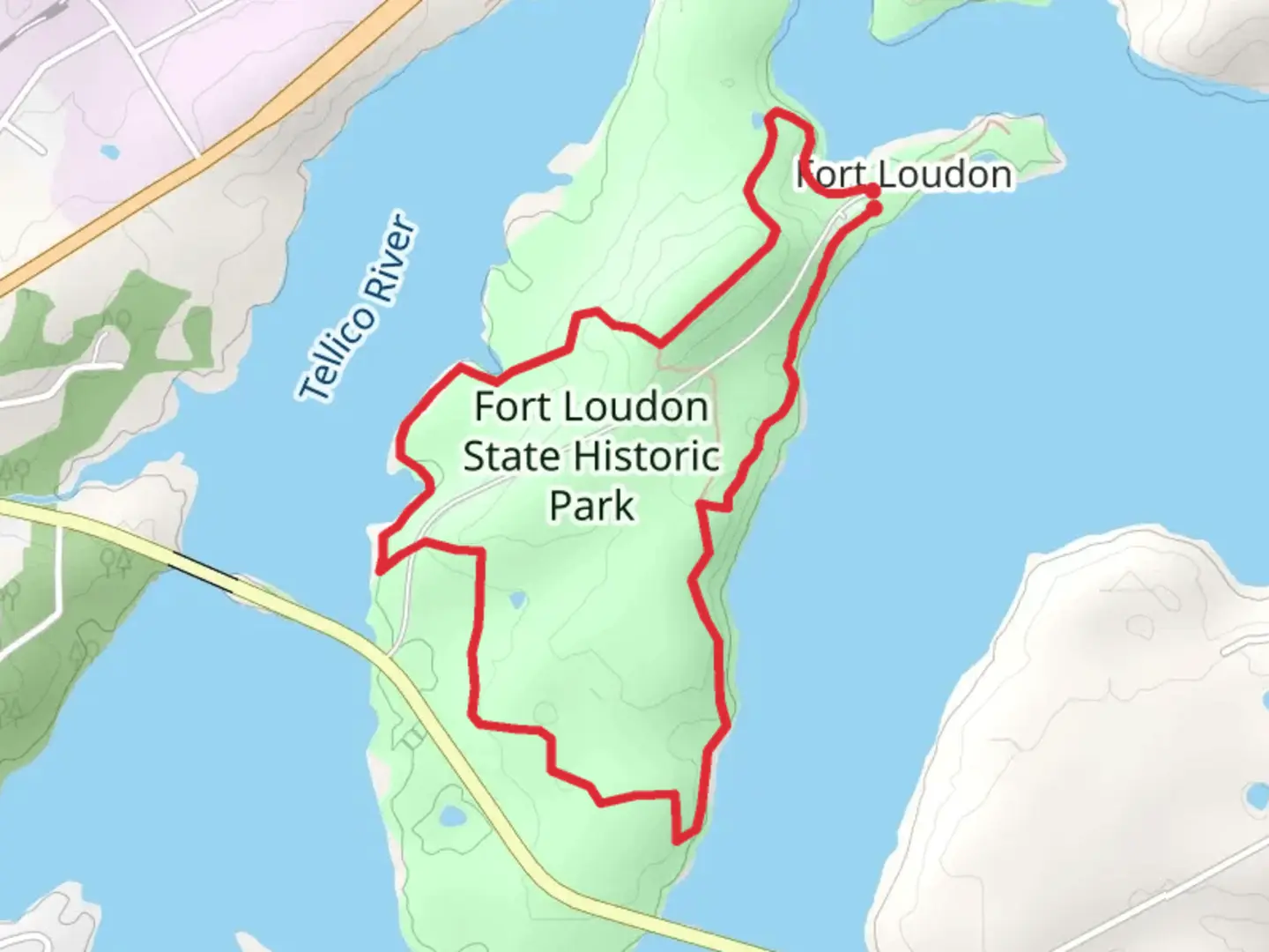 An image depicting the trail Fort Loudon State Historic Park Loop and its surrounding area.