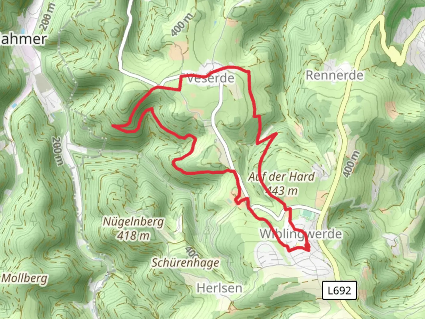 An image depicting the trail Wiblingwerde - Veserde and its surrounding area.