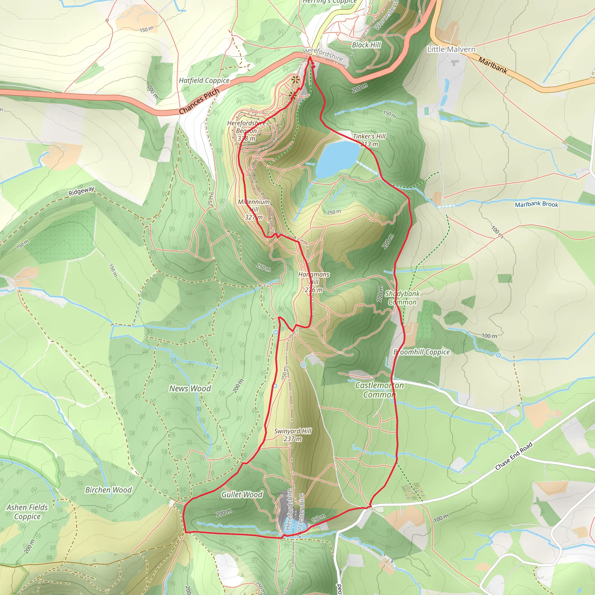 Herefordshire Beacon, Millennium Hill and Tinker's Hill via Three Choirs Way mobile static map