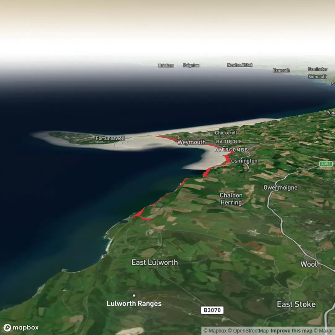 An image depicting the trail Lulworth to Weymouth and its surrounding area.