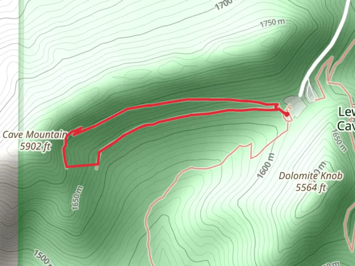 An image depicting the trail Cave Mountain Loop and its surrounding area.