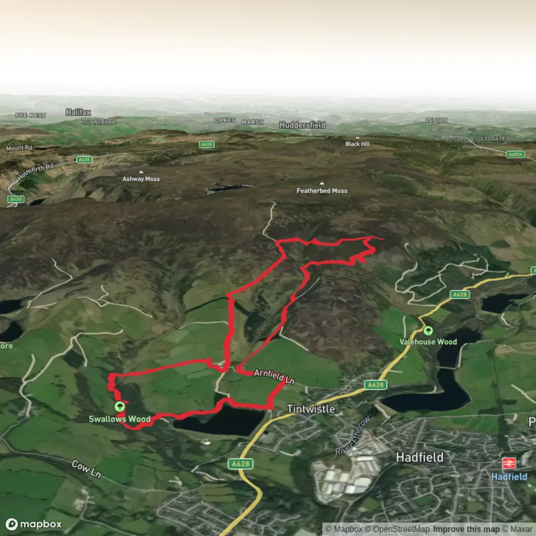 An image depicting the trail Tintwistle 7 waterfalls and Tintwistle Knarr and 3 plane Crash Sites and its surrounding area.