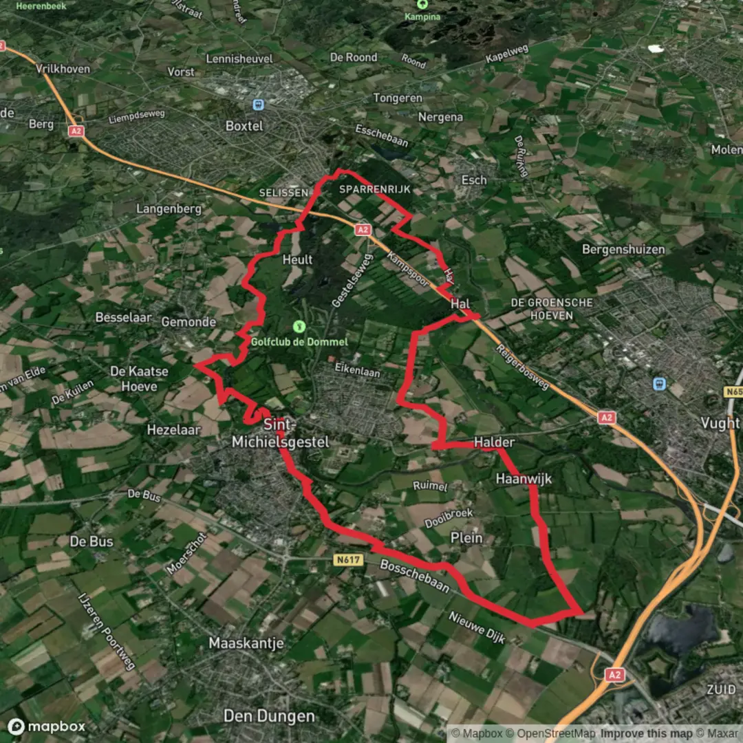 An image depicting the trail Barrier Weg, Pettelaarse Weg and Genenberg Loop and its surrounding area.