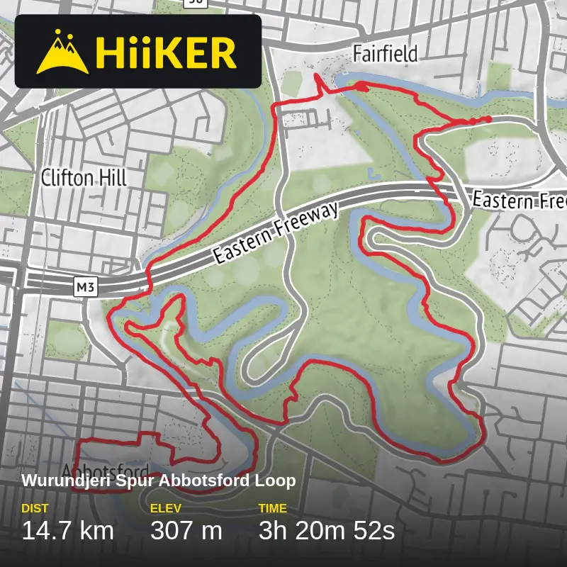 A map preview of the recording Wurundjeri Spur Abbotsford Loop.