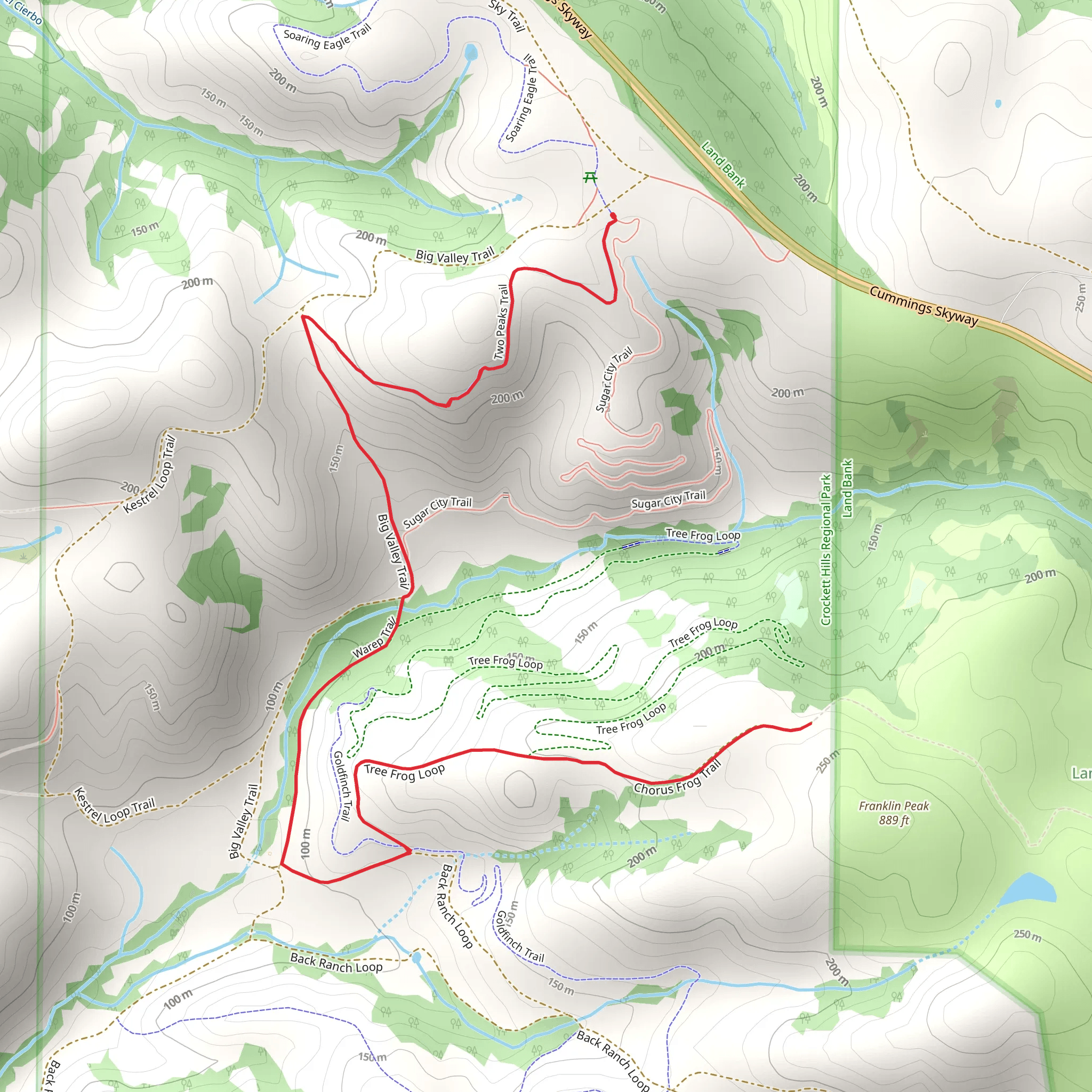 Two Peakd Trail, Warep Trail and Chorus Frog Trail mobile static map