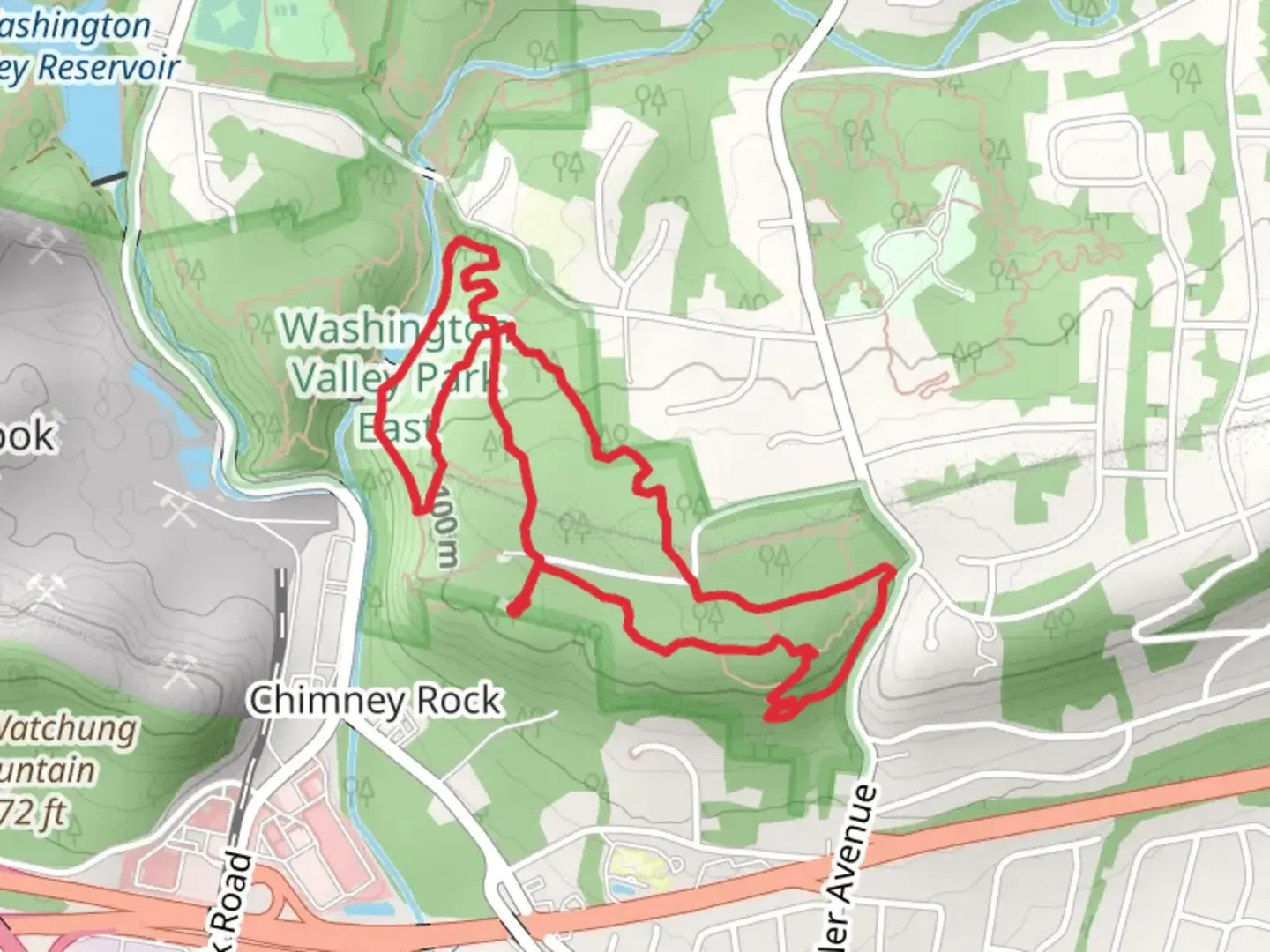 An image depicting the trail Eastern Branch Reservoir, Green Top Loop and Yellow Main Van Loop and its surrounding area.