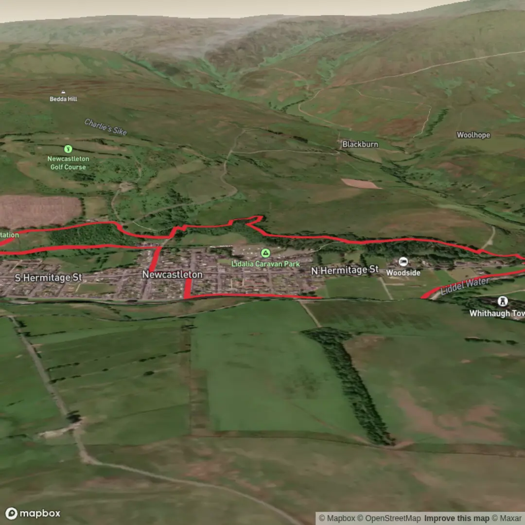 An image depicting the trail Newcastleton Liddle Water and Woodland Loop and its surrounding area.