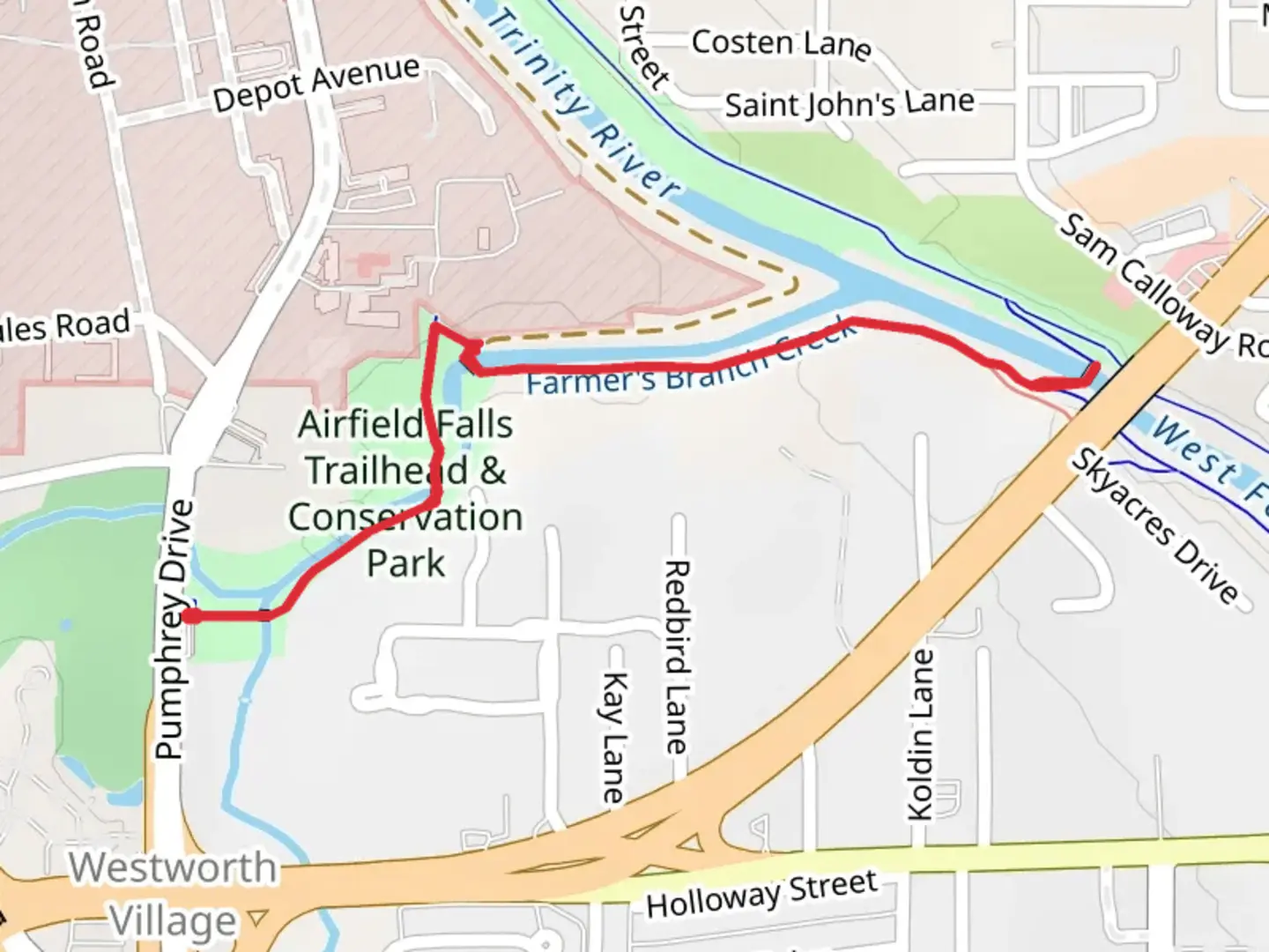 An image depicting the trail Walk along Farmers Branch - Pumphrey Drive and its surrounding area.