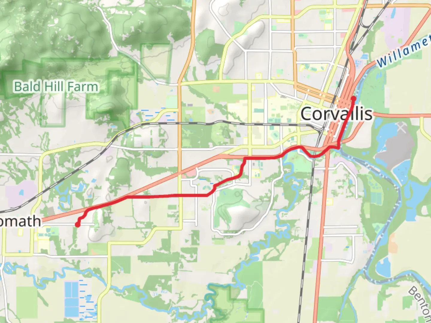 An image depicting the trail Riverfront Path and Corvallis-Philomath Multi-use Path and its surrounding area.