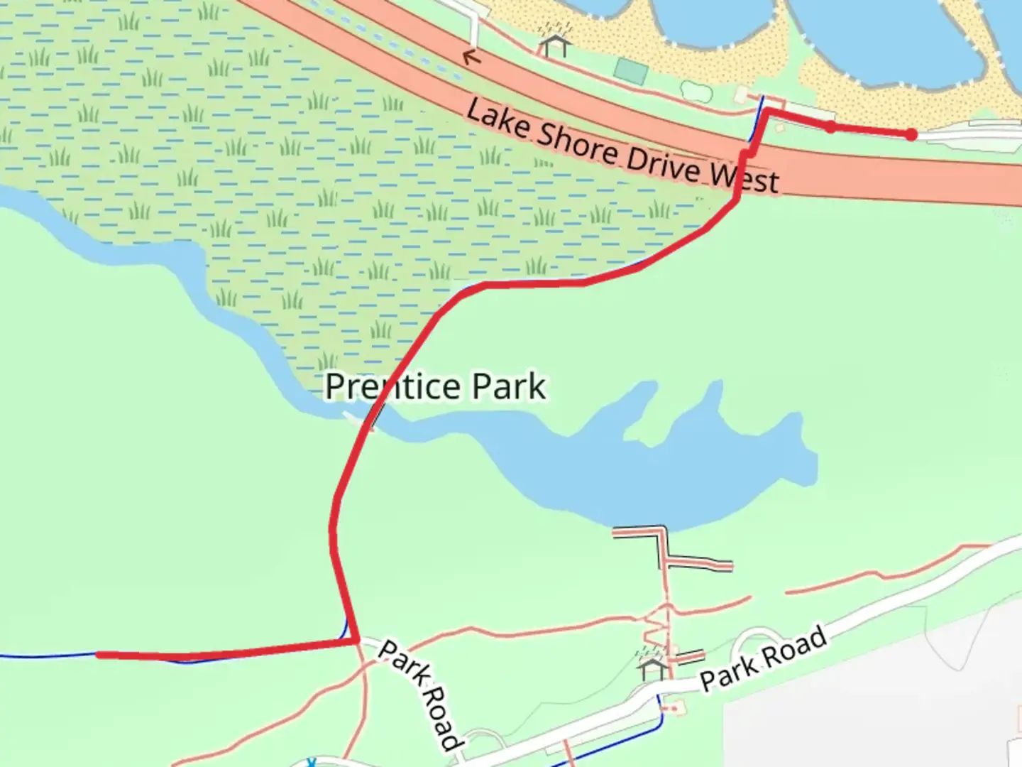 An image depicting the trail Prentice Park and its surrounding area.