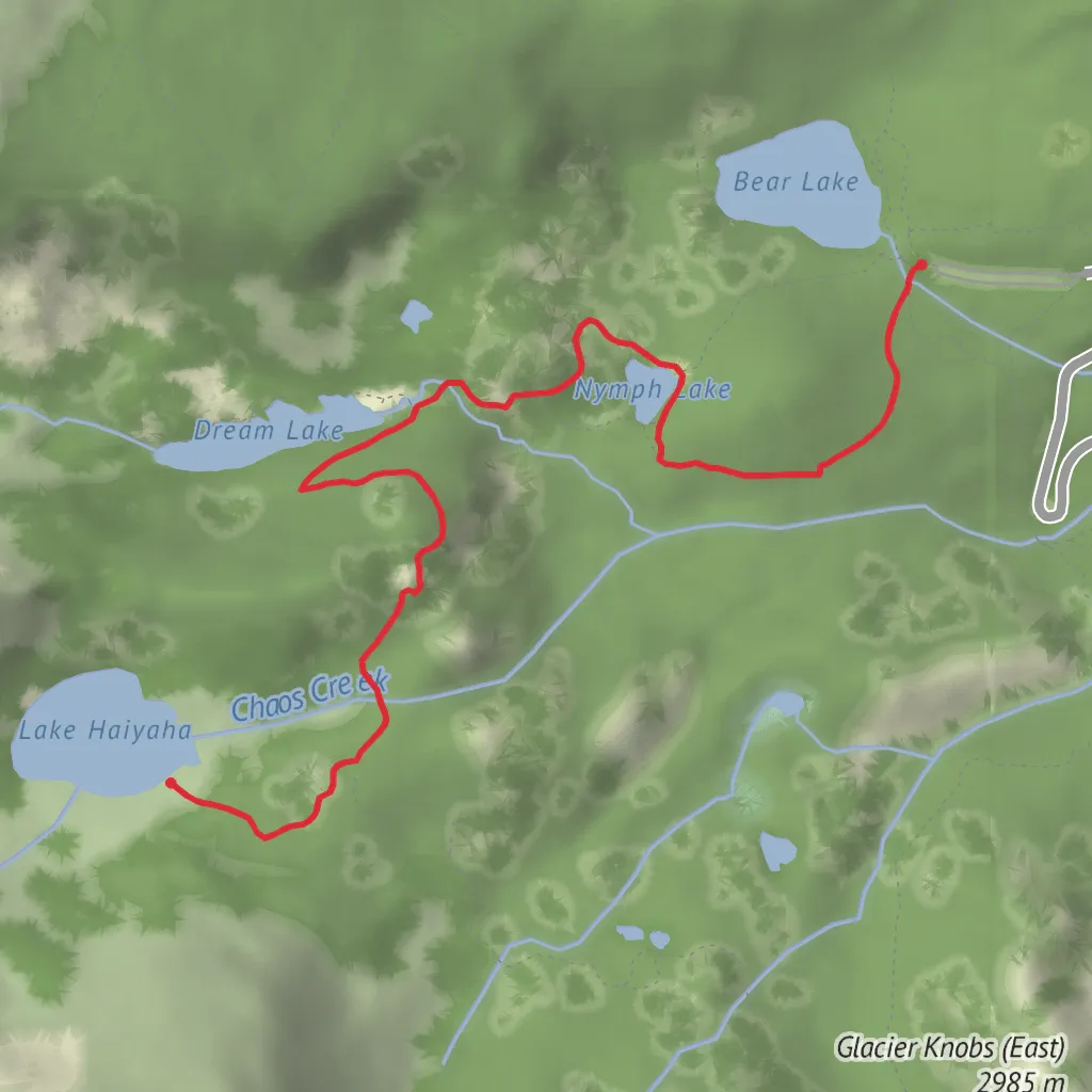 Lake Haiyaha, Dream Lake, and Nymph Lake from Bear Lake Trailhead mobile static map