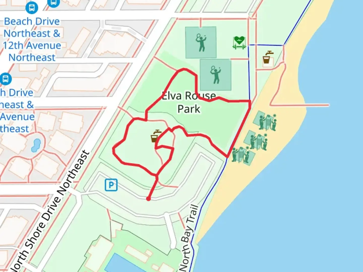 An image depicting the trail Gizella Kopsick Palm Arboretum and Elva rouse Park Loop and its surrounding area.