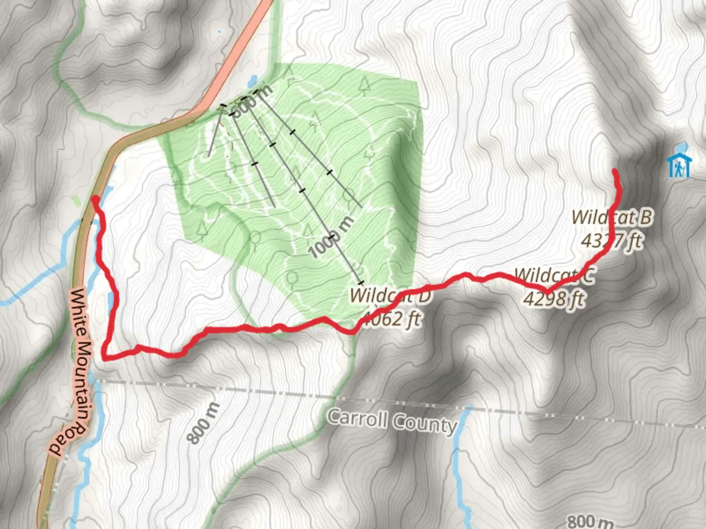 An image depicting the trail Wildcat Mountain via Wildcat Ridge and Lost Pond Trail and its surrounding area.