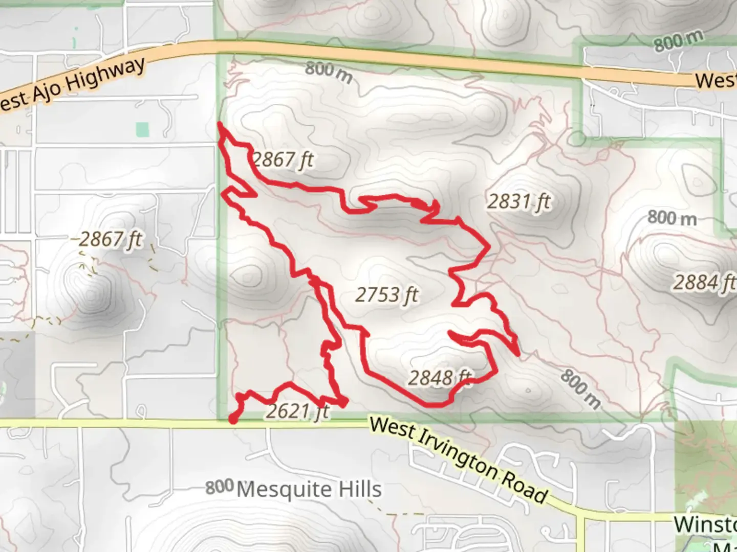 An image depicting the trail Cascabel, Bittersweet and 360 Vista Loop Trail and its surrounding area.