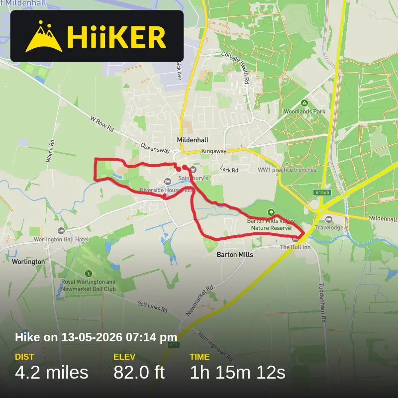 A map preview of the recording Hike on 13-05-2026 07:14 pm.
